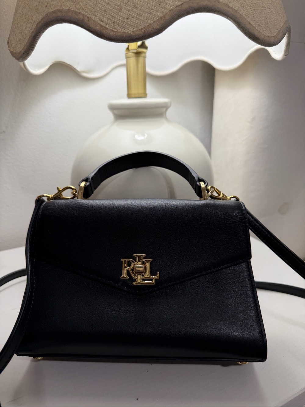 Ralph Lauren Black Leather Top-Handle Satchel with Gold Hardware